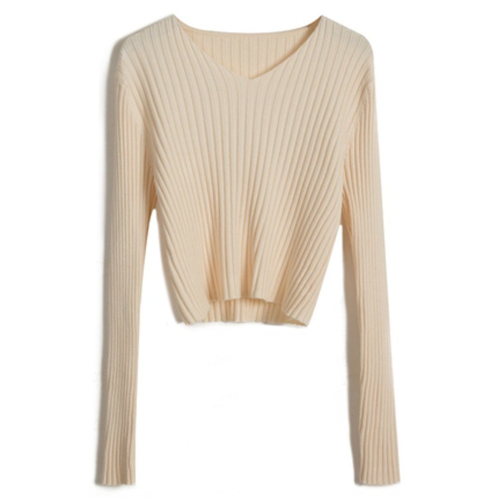 Ribbed V Neck Cream Cropped Knit Sweater Cardigan